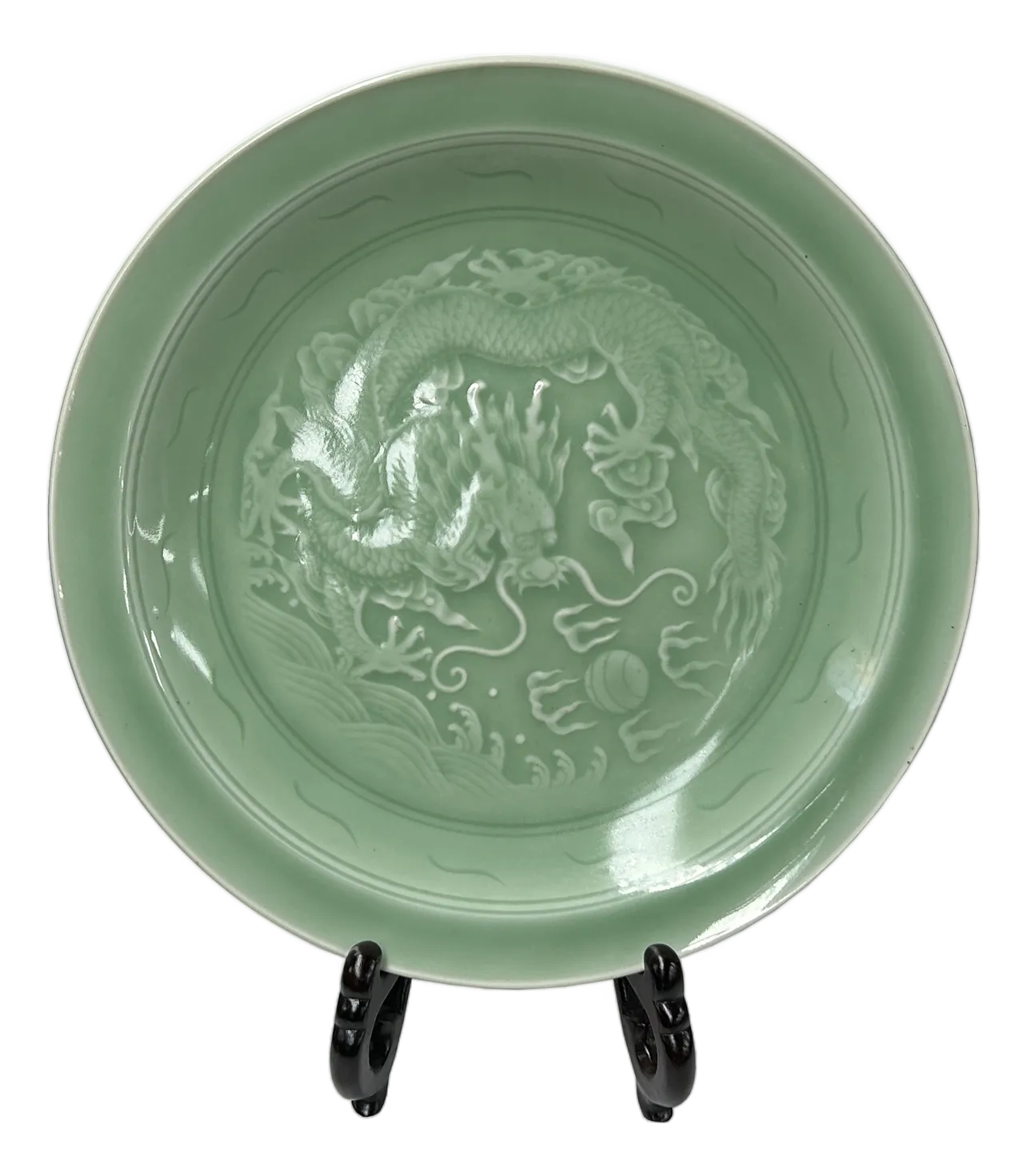 中国セラドン - Chinese Celadon Chinese Celadon Dragon Motif Porcelain Plate Display Art