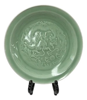 Chinese Celadon Dragon Motif Porcelain Plate Display Art