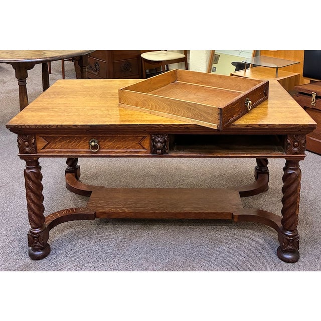 Wood Solid Oak Library Table With Drawers C 1900 For Sale - Image 7 of 10