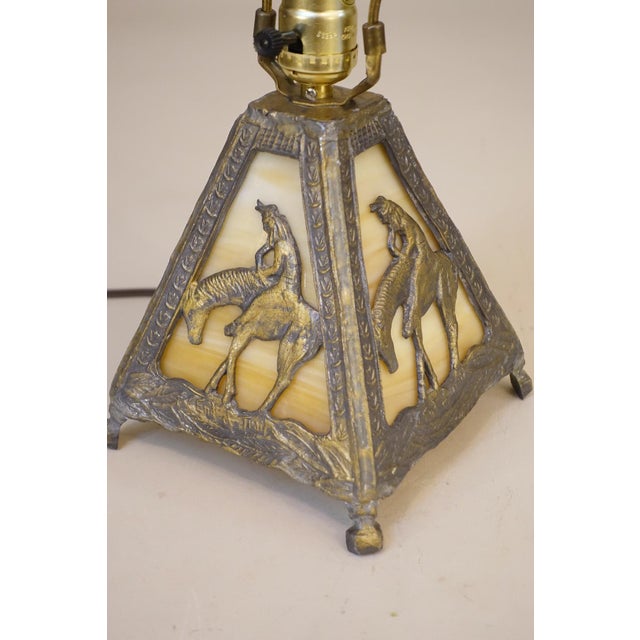 1980s Native American Indian End of Trail Caramel Slag Stained Glass Shade Table Lamp For Sale - Image 9 of 11