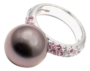Cartier Tahitian Pearl Diamond and Pink Sapphire White Gold Ring, Size 4.5