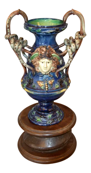 French 19th Century Antique Hand Painted Ceramic Vase Wine Decanter Wooden Riser