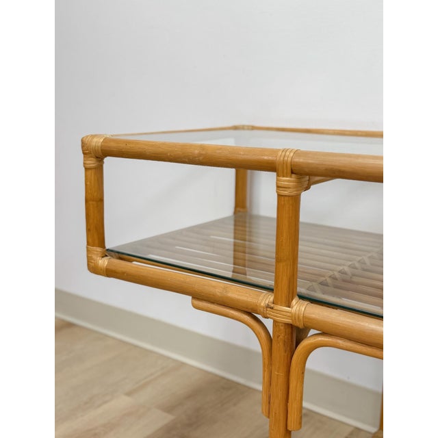Wood Vintage Console Table Rattan Two-Tier Glass Top Coastal Entryway Sofa Table Rare For Sale - Image 7 of 13