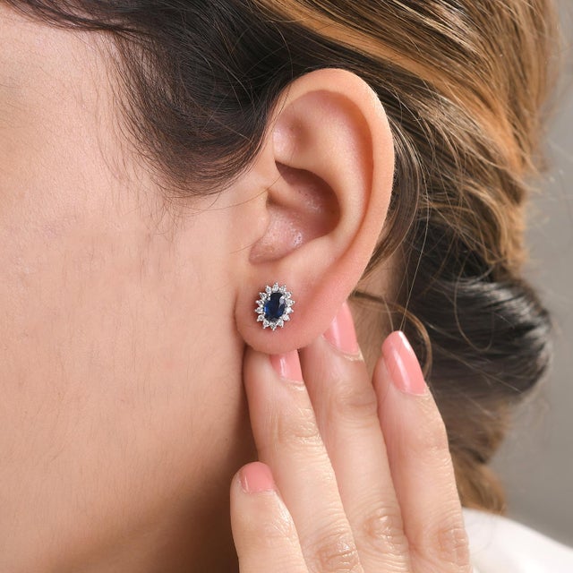 14k Oval Sapphire and Diamond Halo Wedding Stud Earrings- a Pair For Sale In New York - Image 6 of 12