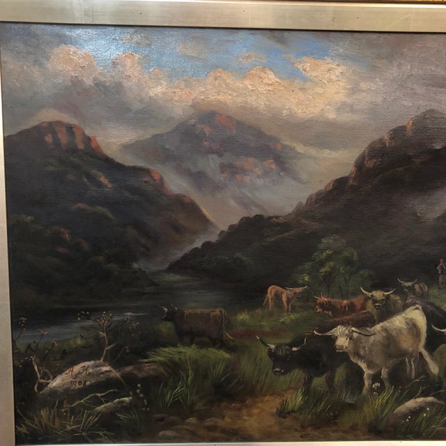 1908 Edwardian "Shetland Cattle in the Highlands" Oil Painting For Sale - Image 4 of 9