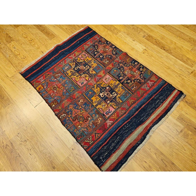 19th Century 19th Century Caucasian Soumak Rug, Hand-Knotted Wool,Tapestry Tribal Wall Art, 4' x 5' For Sale - Image 5 of 18