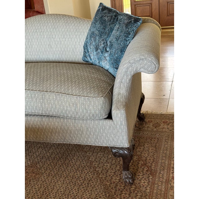 Modern Vintage Reproduction Camelback Newly Upholstered Sofa With Coordinating Custom Blue Velvet Accent Pillows For Sale - Image 3 of 12
