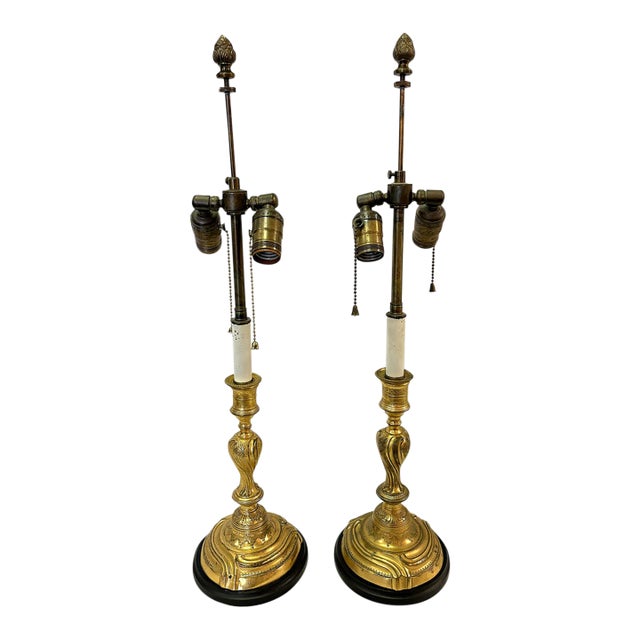 Antique French Art Nouveau Embossed Brass Candlestick Lamps- A Pair For Sale