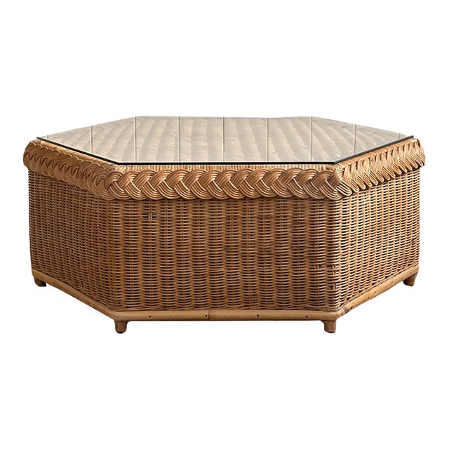 Vintage Coastal Brown Jordan Braided Rattan Hexagonal Coffee Table For Sale