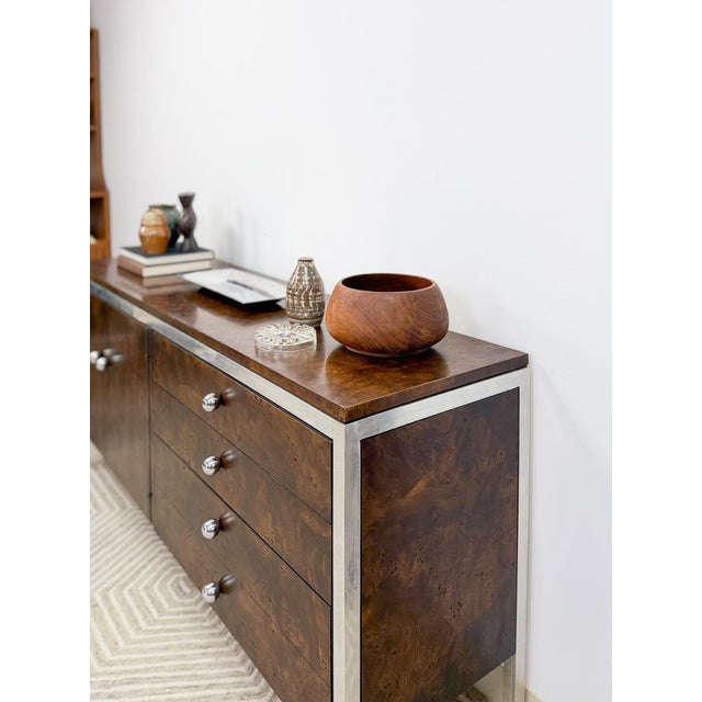 Mid 20th Century Tomlinson Burlwood Credenza Chrome Details Doors Drawers, Buffet, Console For Sale - Image 15 of 18