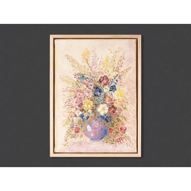 Filigree bouquet of flowers in light colors. Oil on canvas framed in a shadow gap frame of ash ready to hang. Image size...