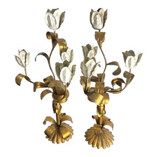 Pair of Vintage Gold Florentine Tole Gilt Italian Candelabras With White Tulip Flowers For Sale