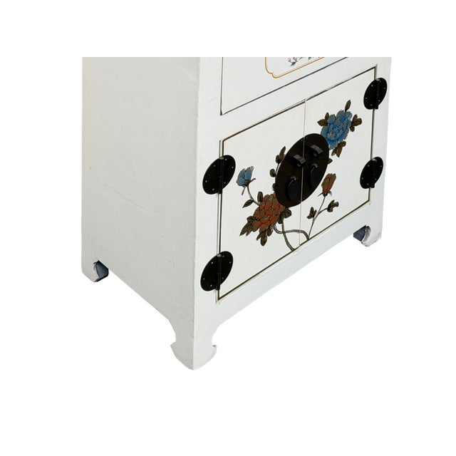 Chinese Off White Vinyl Moon Face Flower Graphic End Table Nightstand For Sale - Image 9 of 12