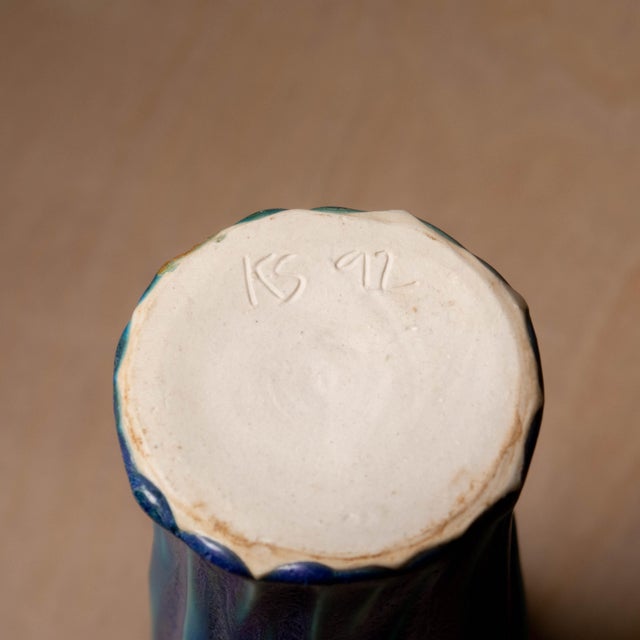 Vintage 1992 Ceramic Studio Pottery Vibrant Ombre Cylindrical Vase Signed Ks For Sale - Image 11 of 12