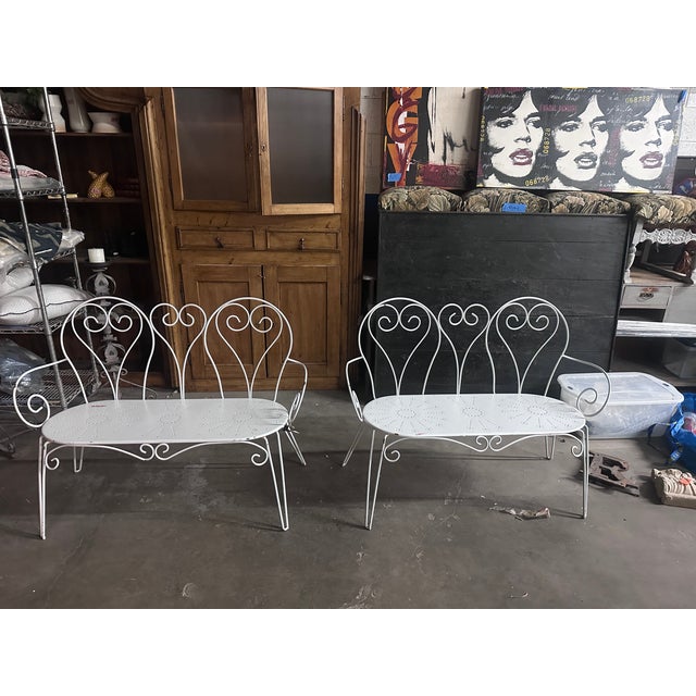 Mid 20th Century Mid 20th Century Painted Wrought Iron Scrolled Garden Benches, a Pair For Sale - Image 5 of 16