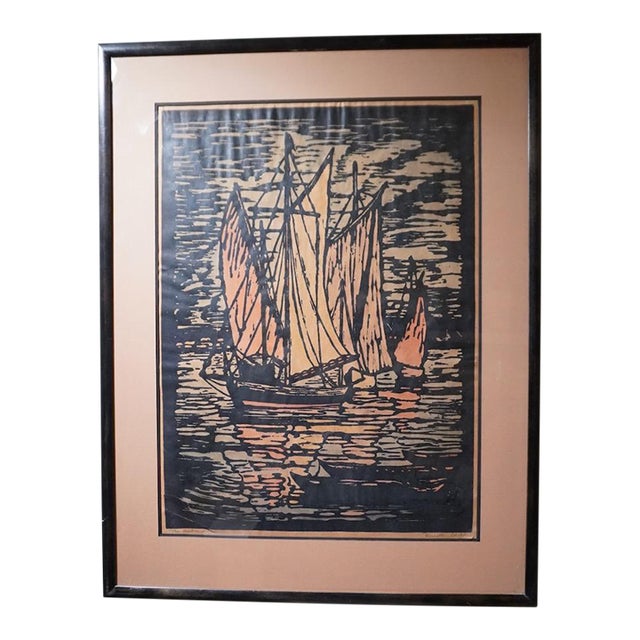 Signed Prescott Chaplin Block Print, the Harbor c.1920s For Sale