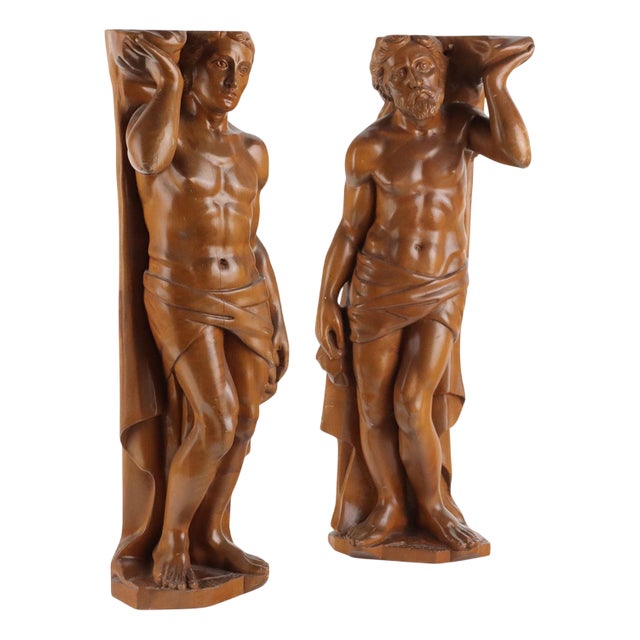 Carved Wooden Male Figures, Set of 2 For Sale