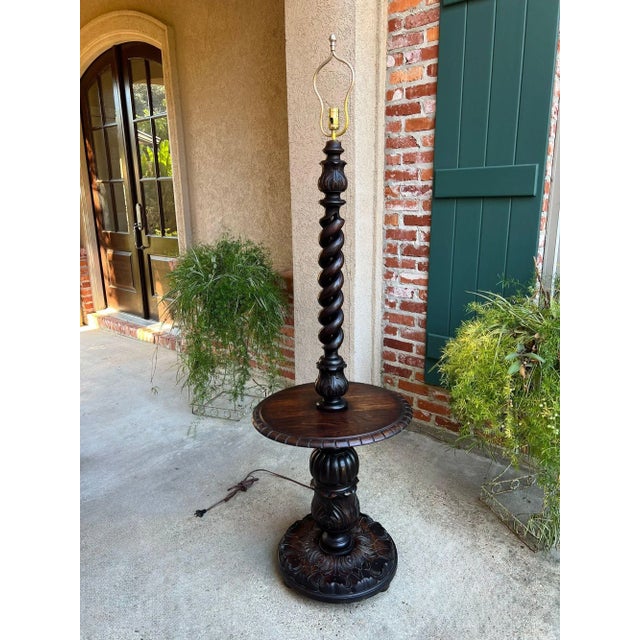 Antique English Carved Oak Floor Lamp Open Barley Twist W Round End Table C1920 For Sale - Image 15 of 18