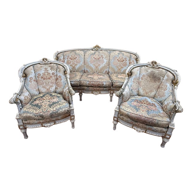 Louis XV Style Living Room Set in Painted Wood, 1950s, Set of 3 For Sale