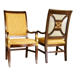 Empire Style Hand-Carved Armchairs With Contrasting Fabrics, Gold Accents, Made in Usa by Shelby Williams For Sale