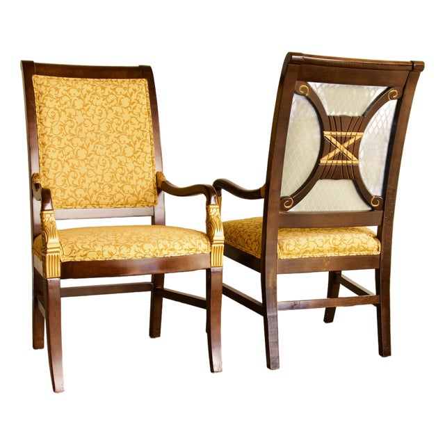 Empire Style Hand-Carved Armchairs With Contrasting Fabrics, Gold Accents, Made in Usa by Shelby Williams For Sale