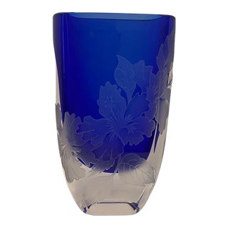 Vintage Perry Coyle Etched Cobalt Blue Block Art Glass Vase Signed For Sale