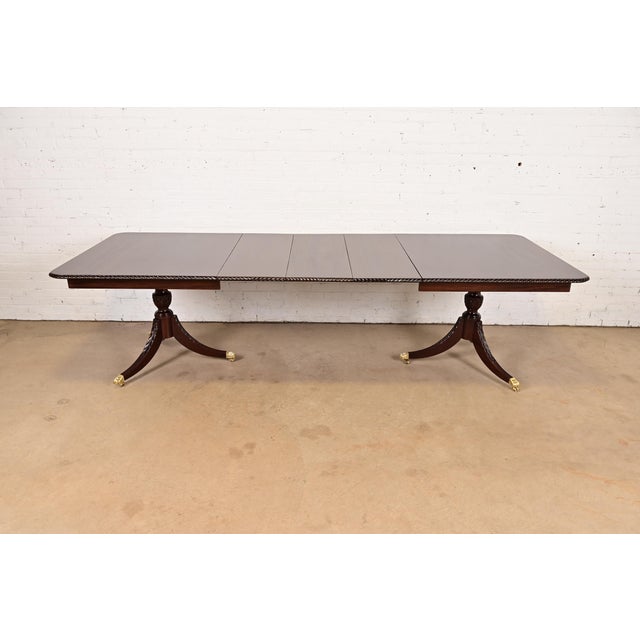 Baker Furniture Style Georgian Mahogany Double Pedestal Extension Dining Table, Newly Refinished For Sale - Image 12 of 15