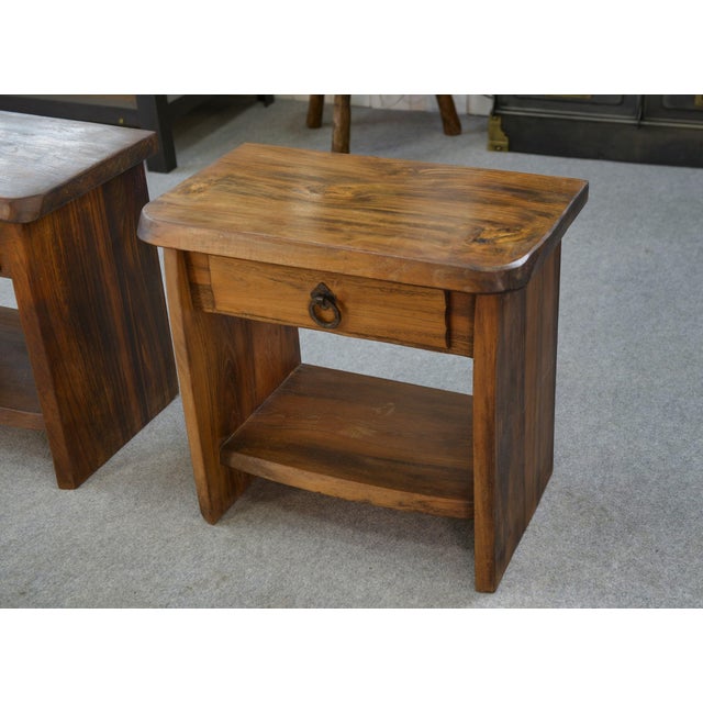 Mid-Century Modern Brutalist Bedside Tables in Elm by Aranjou, 1960, Set of 2 For Sale - Image 3 of 9
