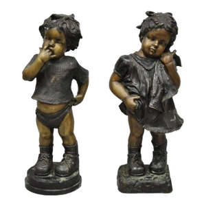 Late 20th Century Victorian Style Cast Bronze 29" Little Boy and Girl Statue Figure - A Pair