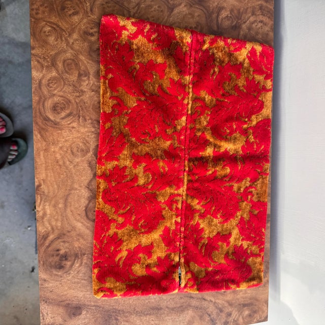 Vintage velvet damask pillow cover, in red and orange hues. The cover is in great shape with little to no signs of wear,...