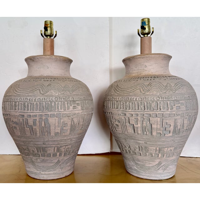 1970s Pair Textured Brutalist Terracotta Table Lamps From 70's For Sale - Image 5 of 5