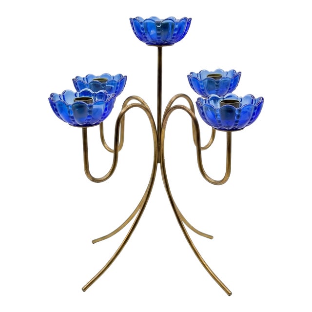 MCM Gunnar Ander for Ystad-Metall 5-Light Brass & Cobalt Blue Glass Flower Candelabra For Sale