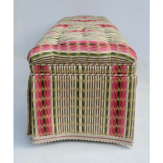 Wood Vintage Charles Stewart Furniture Company Button-Tufted Long Bench With Pierre Frey Textile For Sale - Image 7 of 18