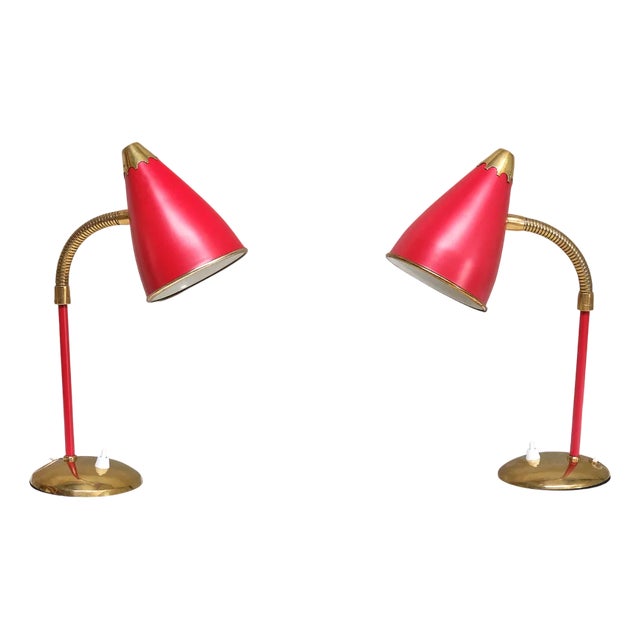 Vintage Norwegian Adjustable Table Lamps in Red Metal and Brass, 1960s, Set of 2 For Sale