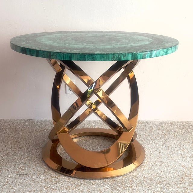 Contemporary Stunning Tessellated Malachite Round Dining Table With Brass Base, Made in Italy For Sale - Image 3 of 15