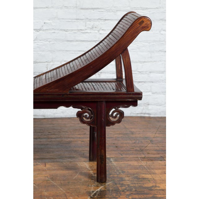Wood Mid 19th Century Chinese Qing Dynasty Elm & Bamboo Lounge Chair with Cloud Carved Spandrels For Sale - Image 7 of 12