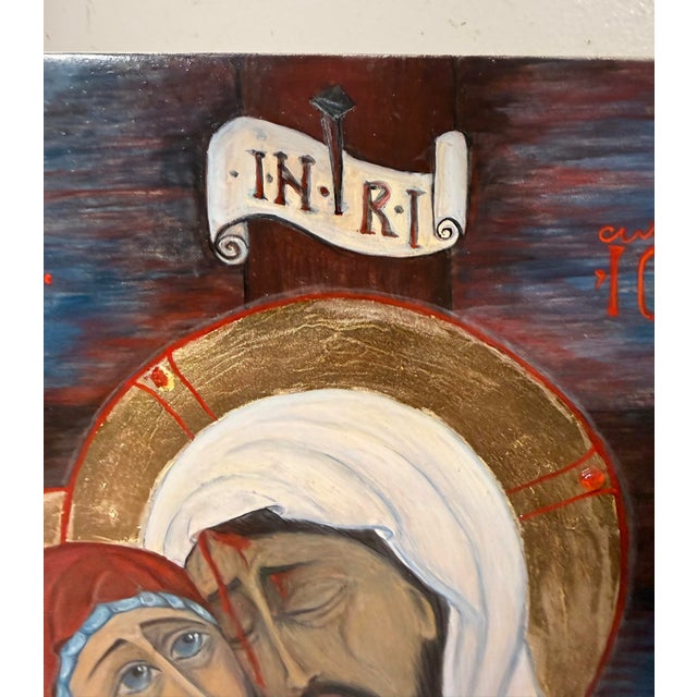 This vintage original gold leafed Russian icon depicting the Pieta is a handmade oil painting on a thick wooden panel....