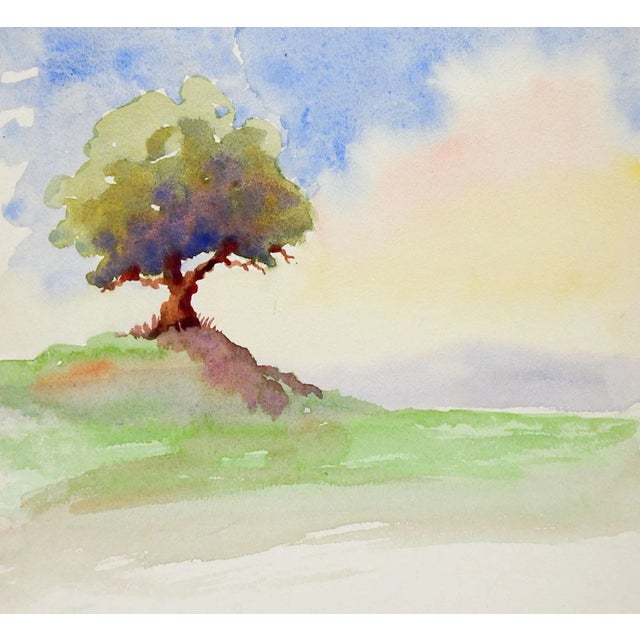 Vinage Impressionist Lone Tree Watercolor Painting For Sale