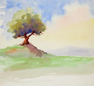 Vinage Impressionist Lone Tree Watercolor Painting