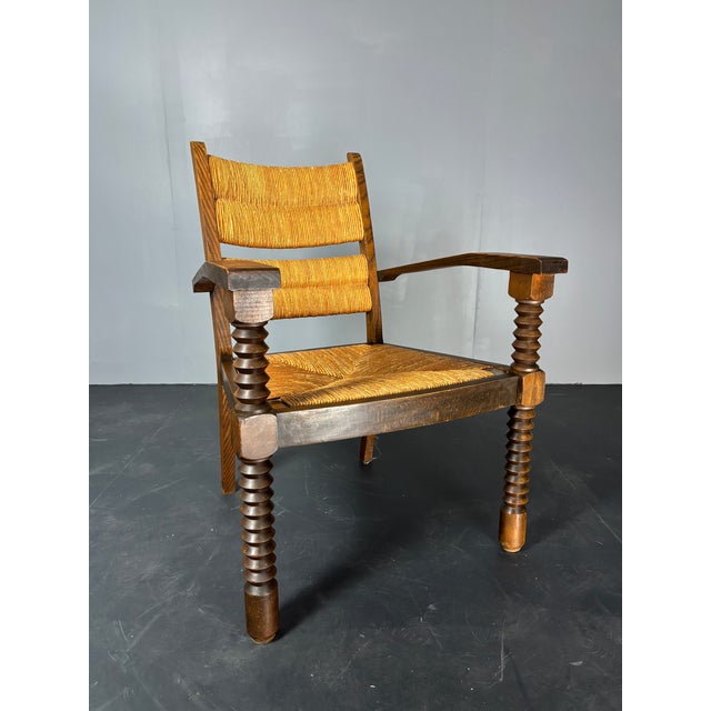 Brown Brutalist Turned Oak and Rush Armchair in the style of Charles Dudouyt, France, 1950s For Sale - Image 8 of 18