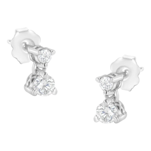 14KT White Gold 1/2 cttw Double Diamond Dangle Stud Earrings (H-I, I1-I2) For Sale