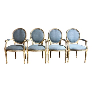 Four Louis XVI Style Dining Chairs Washed Finish with Blue Linen Upholstery For Sale