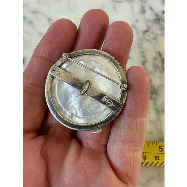 Vintage Hand Made Sterling Silver and Mother of Pearl Fish in Wave Brooch With Artist Marks For Sale - Image 4 of 4