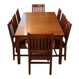 Stickley Collection - Harvey Ellis Oak Dining Table and Eight Mission Style Chairs 1983 For Sale
