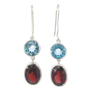 Mid-Century Garnet & Blue Topaz Dangle Drop Earrings in Sterling Silver- 2 Pieces For Sale