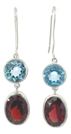 Mid-Century Garnet & Blue Topaz Dangle Drop Earrings in Sterling Silver- 2 Pieces