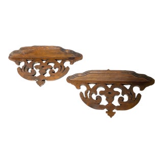 Vintage Black Forest Style Wood Wall Shelves - Pair For Sale
