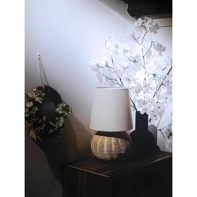 Light Beige Linen & Spherical Rattan Lamp For Sale - Image 4 of 7