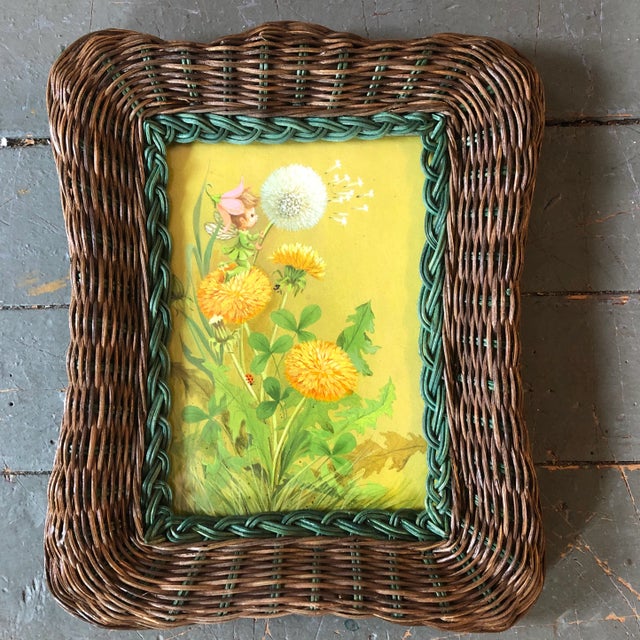 Wood 1970’s Original Fantasy Fairy With Dandelion Original Illustration Watercolor Painting Vintage Wicker Tabletop Frame For Sale - Image 7 of 7