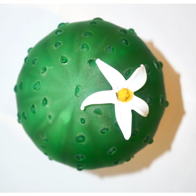 Formia 1990s Vintage Italian Green Murano Glass Cactus Plant With White Flower For Sale - Image 9 of 11